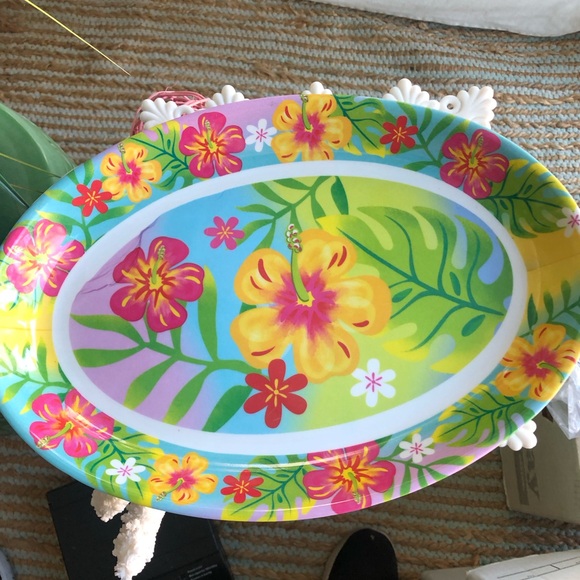 Hawaiian Hibiscus Indoor Outdoor Melamine Large Oval Dinner Plates Set/6 - Picture 2 of 5